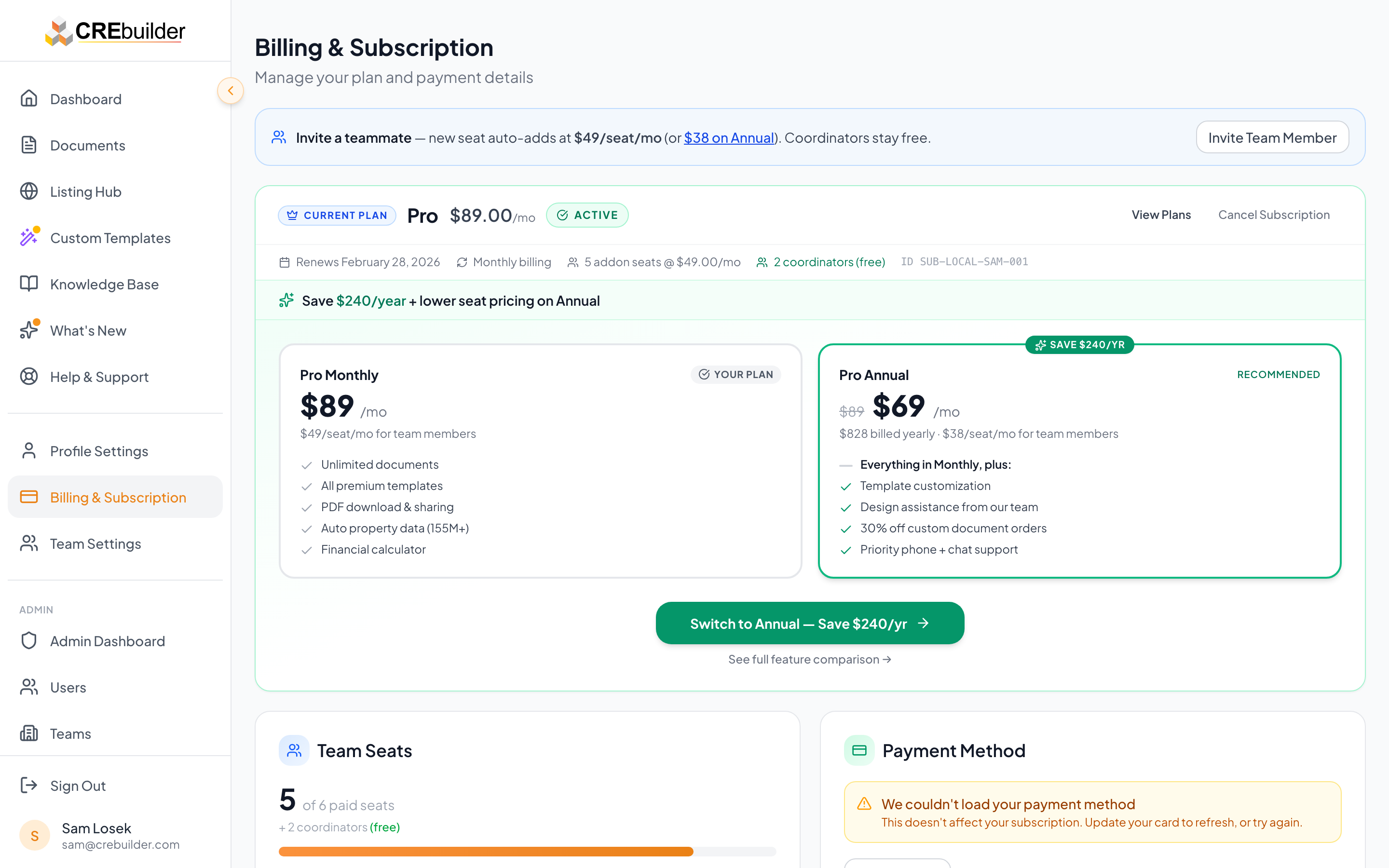 Billing page