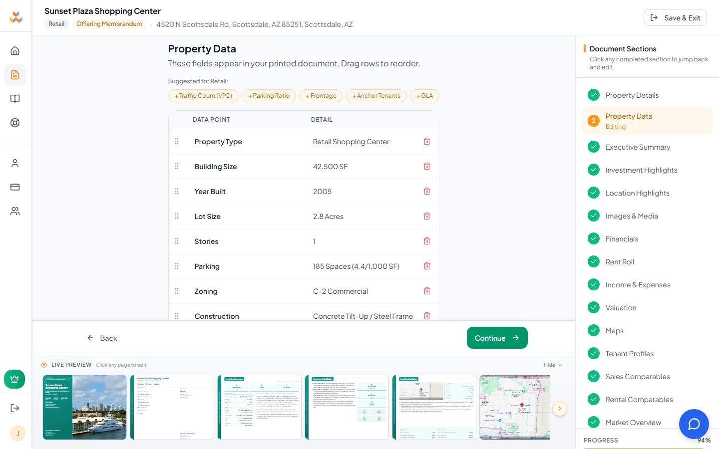 Property Data page showing suggested fields for Retail, an empty data table, and the Add Custom Data Point button