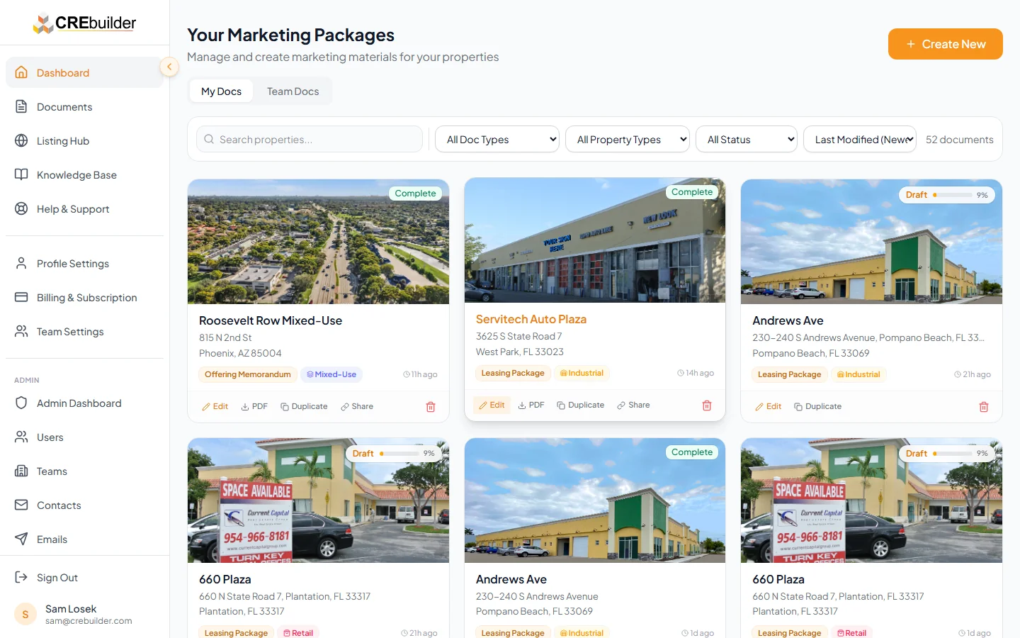 Dashboard showing document cards with PDF, Duplicate, and Share action buttons