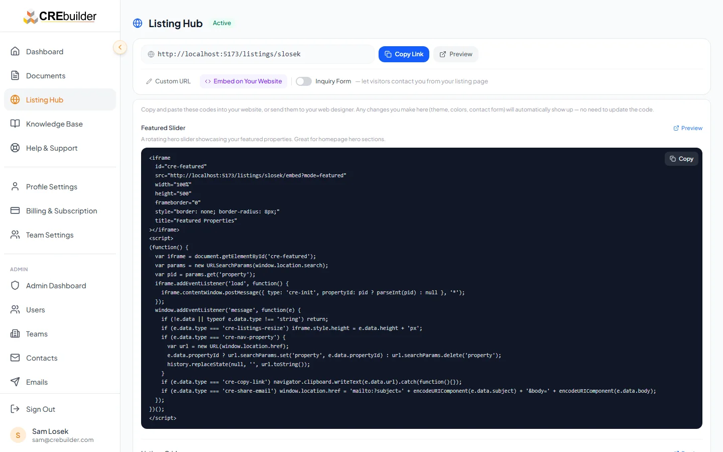 Embed code panel showing Featured Slider and Listings Grid snippets