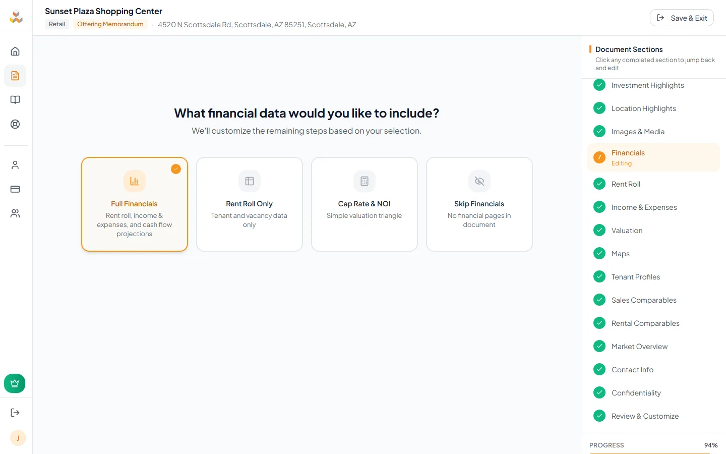 Financial scope selection screen showing four mode cards