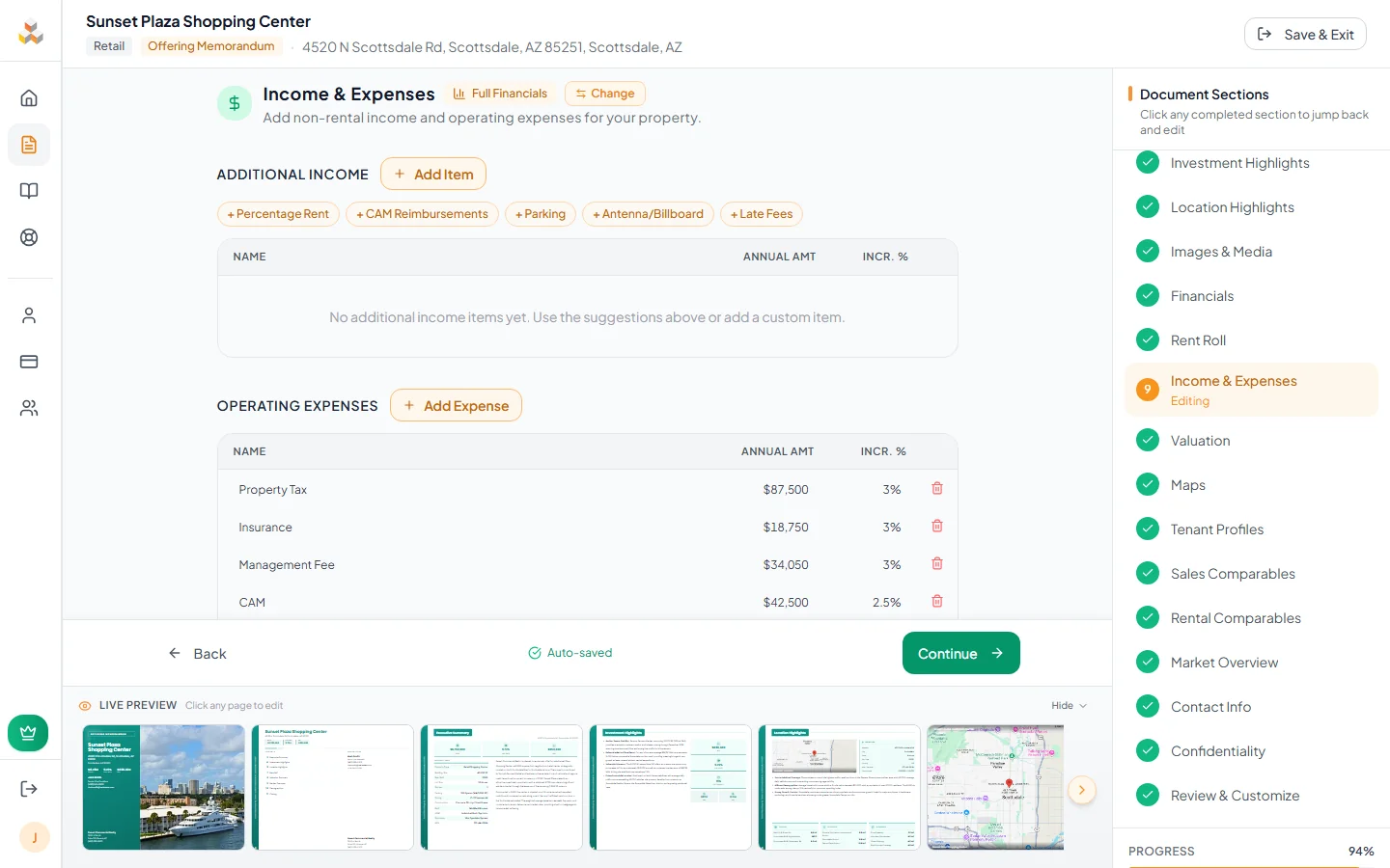 Income and expenses editor with additional income and operating expenses sections