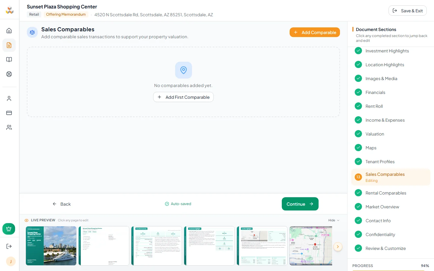 Sales comparables list with address, price, cap rate, and date
