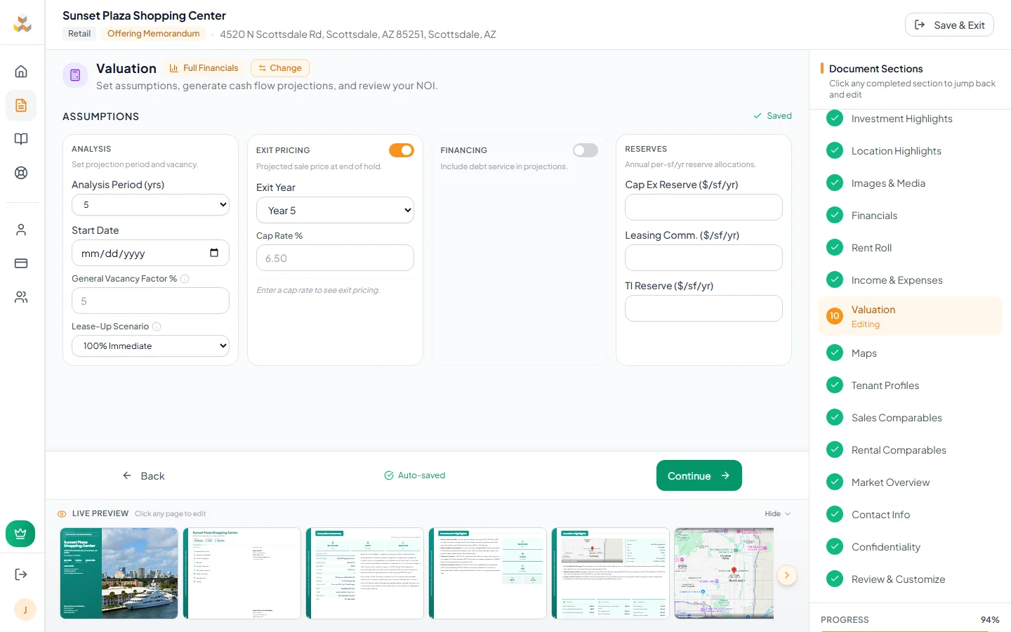 Valuation page showing cap rate, NOI, price/SF, and property-type metrics