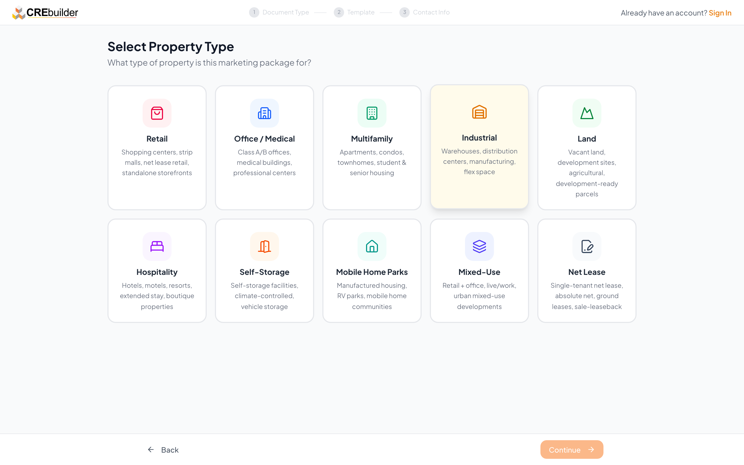 Select Property Type step showing the 10 commercial property type cards