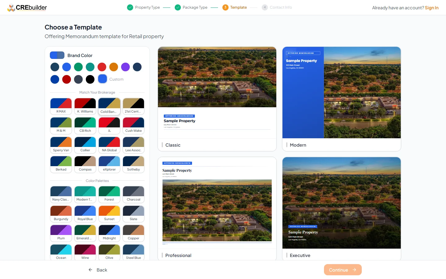 Template selection with color picker on the left and live cover previews on the right
