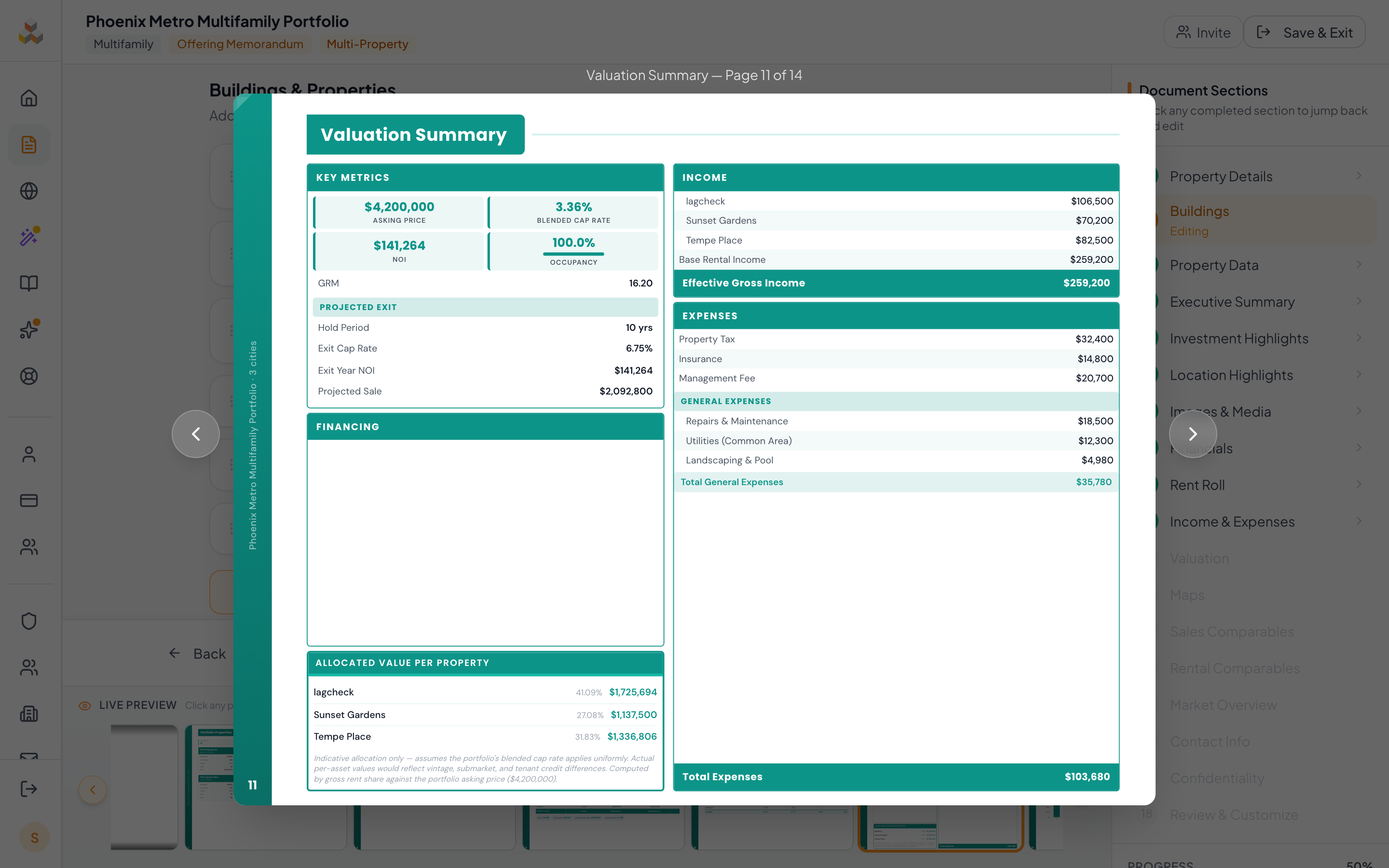Valuation Summary page for a portfolio doc showing Weighted Average Cap Rate (WACR) and Allocated Value Per Property