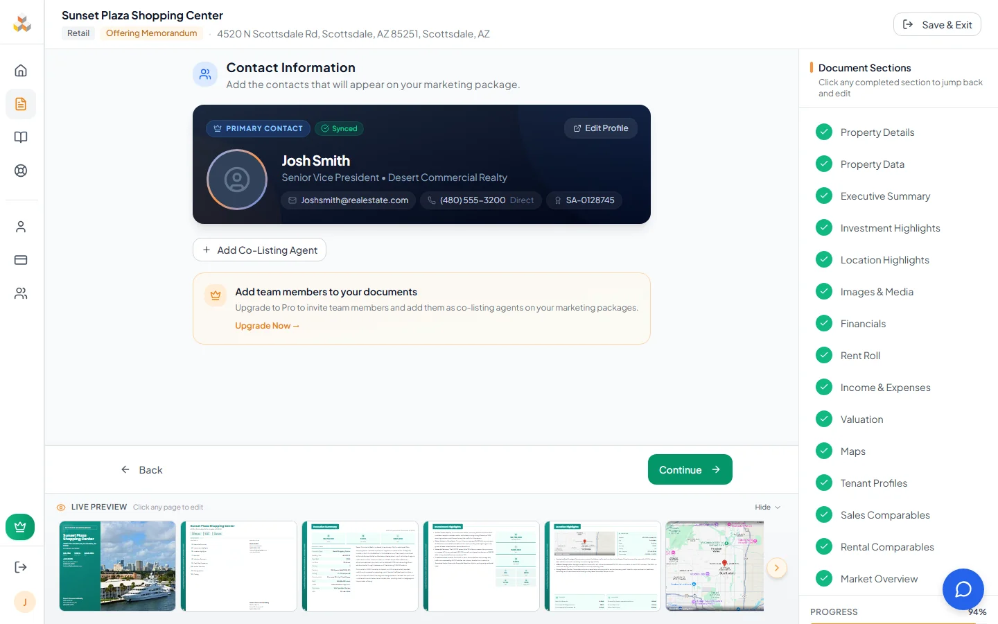 Contact Information page with primary contact card and team members