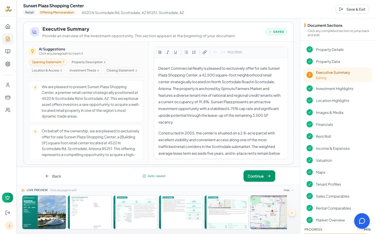 Executive Summary rich text editor with AI suggestions sidebar