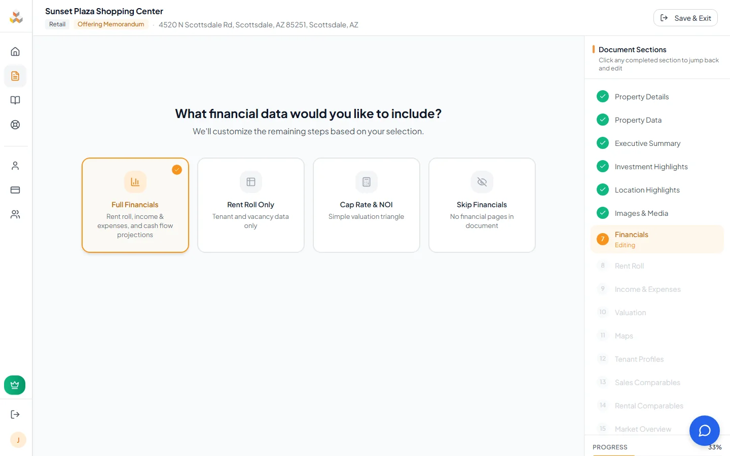 Financial Scope selection with four mode cards