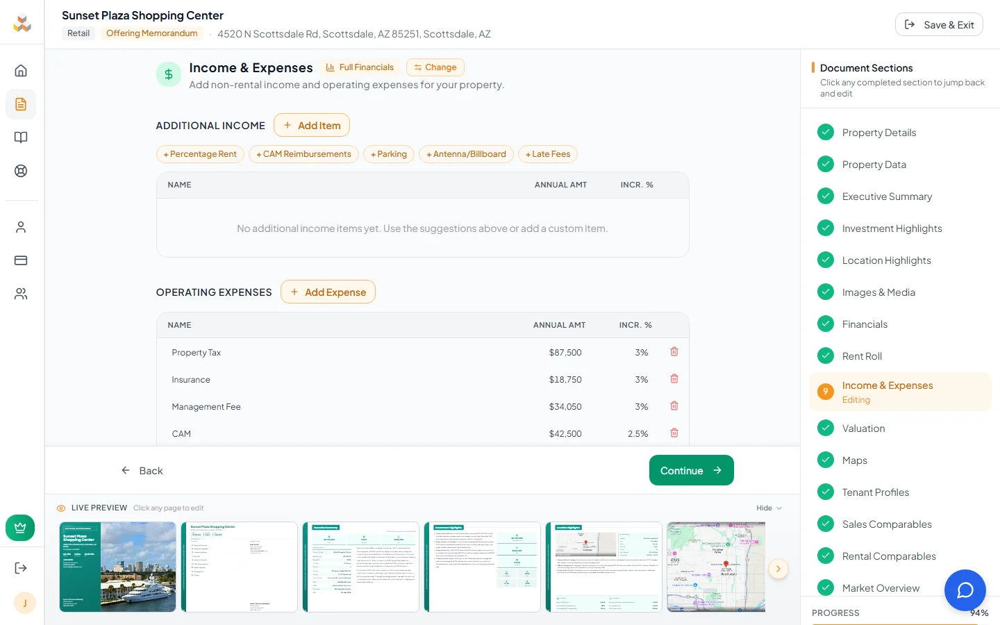 Income & Expenses page with additional income and operating expenses sections