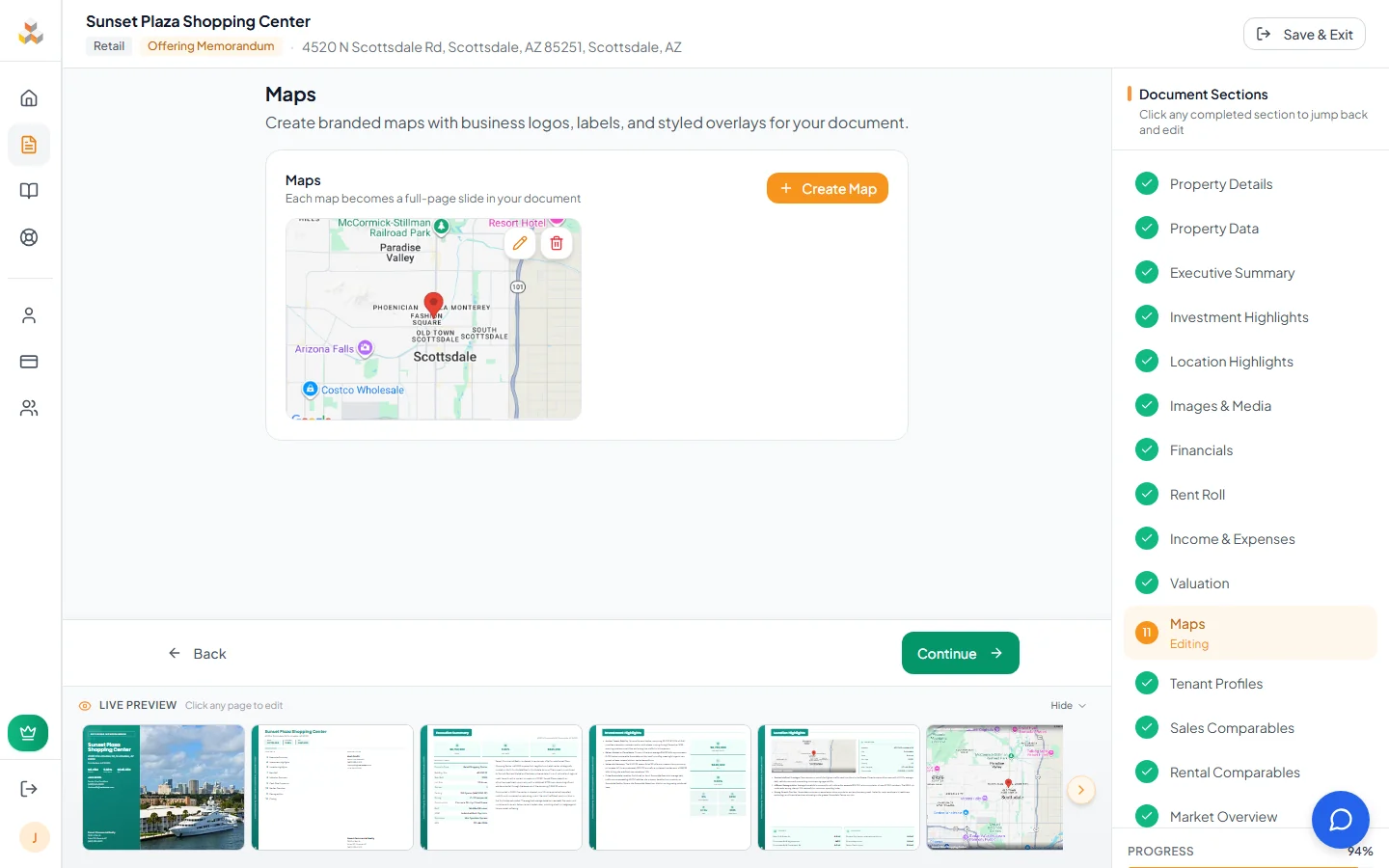 Maps page showing a branded retail map with business logos