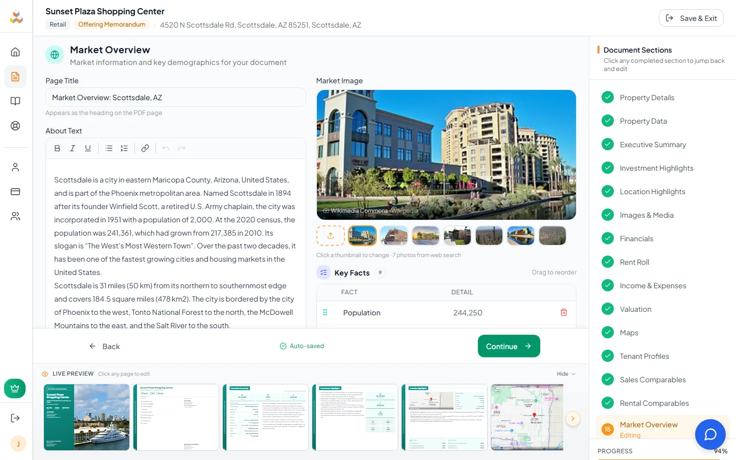 Market Overview page with auto-generated city data, key facts, and city photo