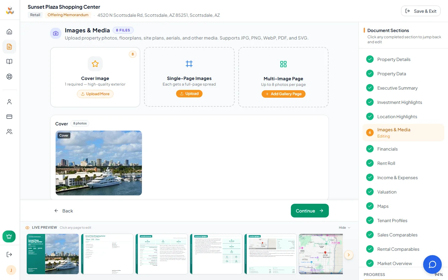 Photos page with cover image, single-page, and gallery upload zones