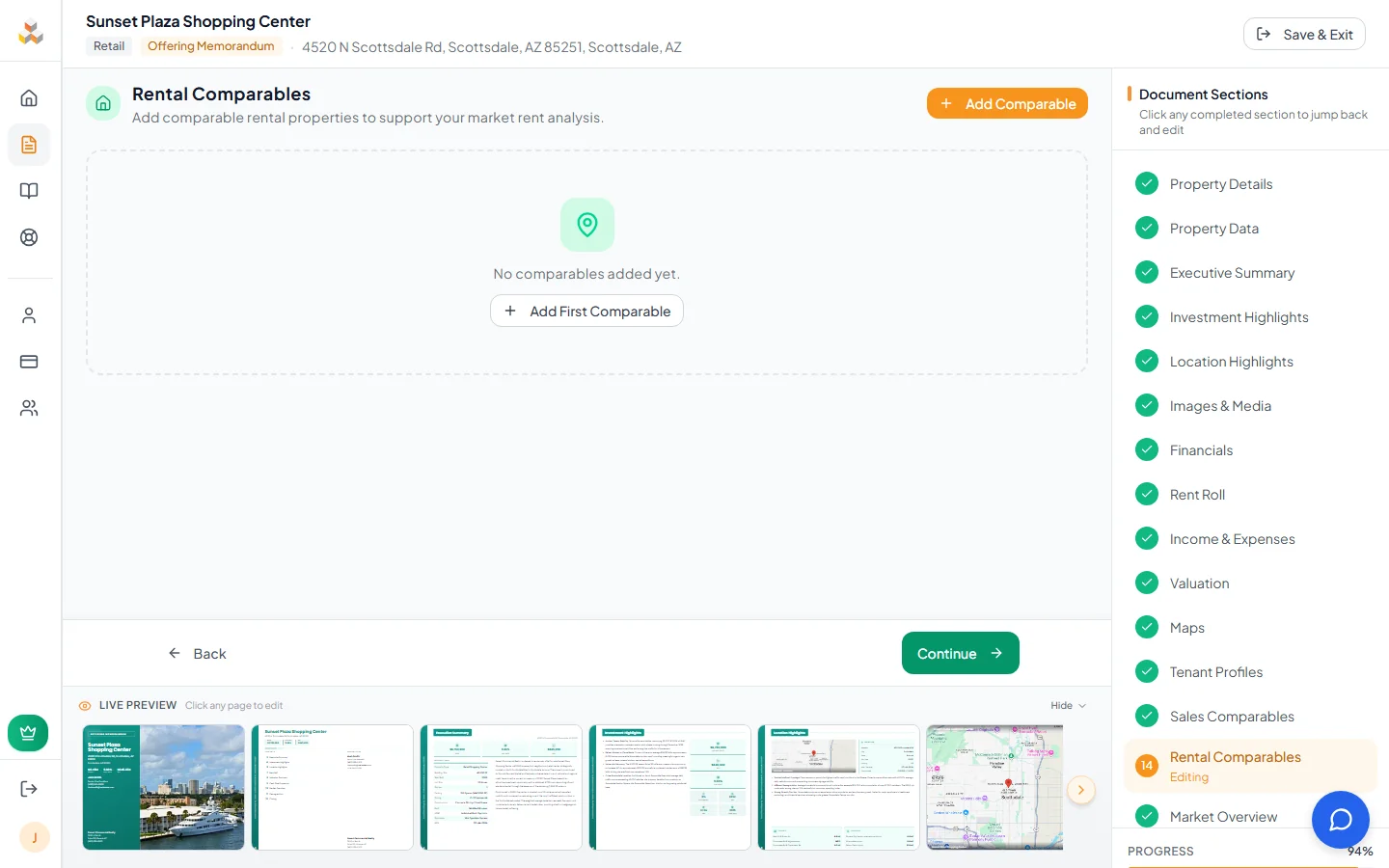 Rental Comparables page