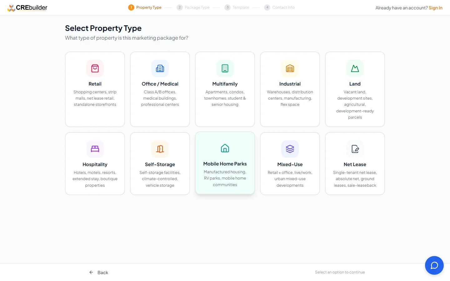 Select Marketing Package screen with six document type options