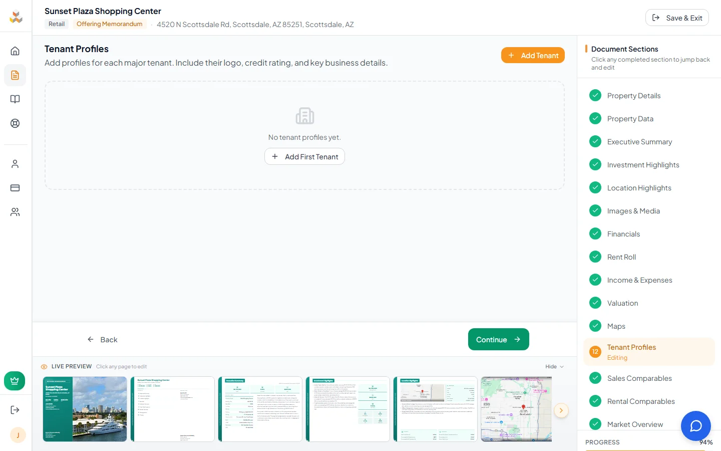 Tenant Profiles page with detailed tenant information cards