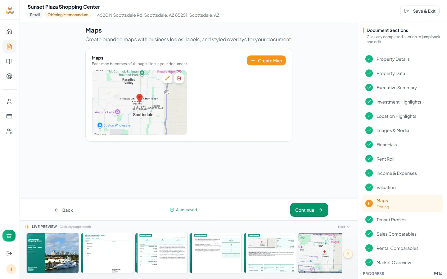 Maps page in the document editor showing map cards