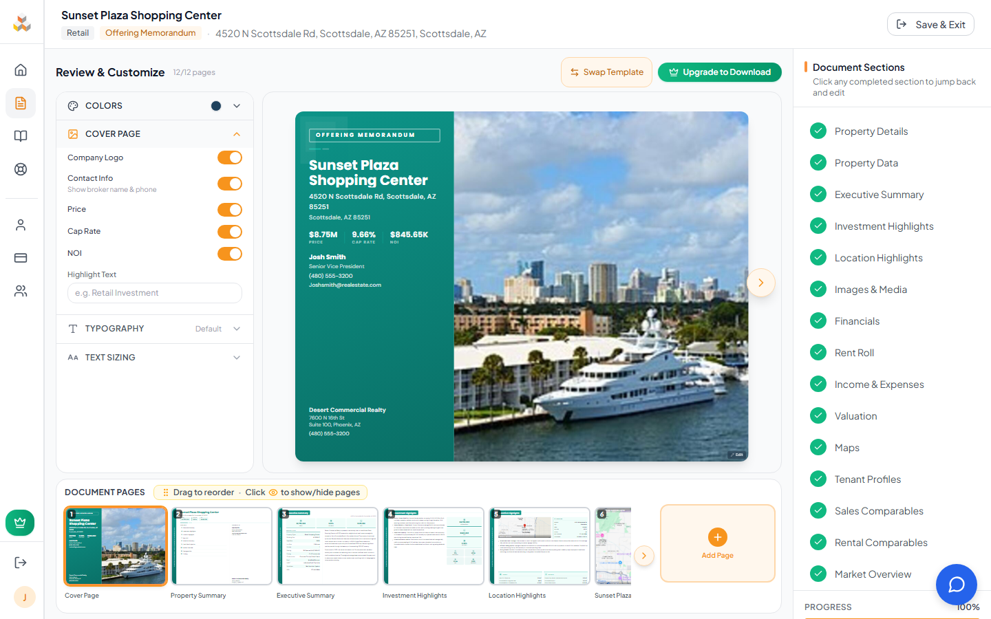 Thumbnail strip showing draggable page thumbnails with page numbers, labels, and drag handles